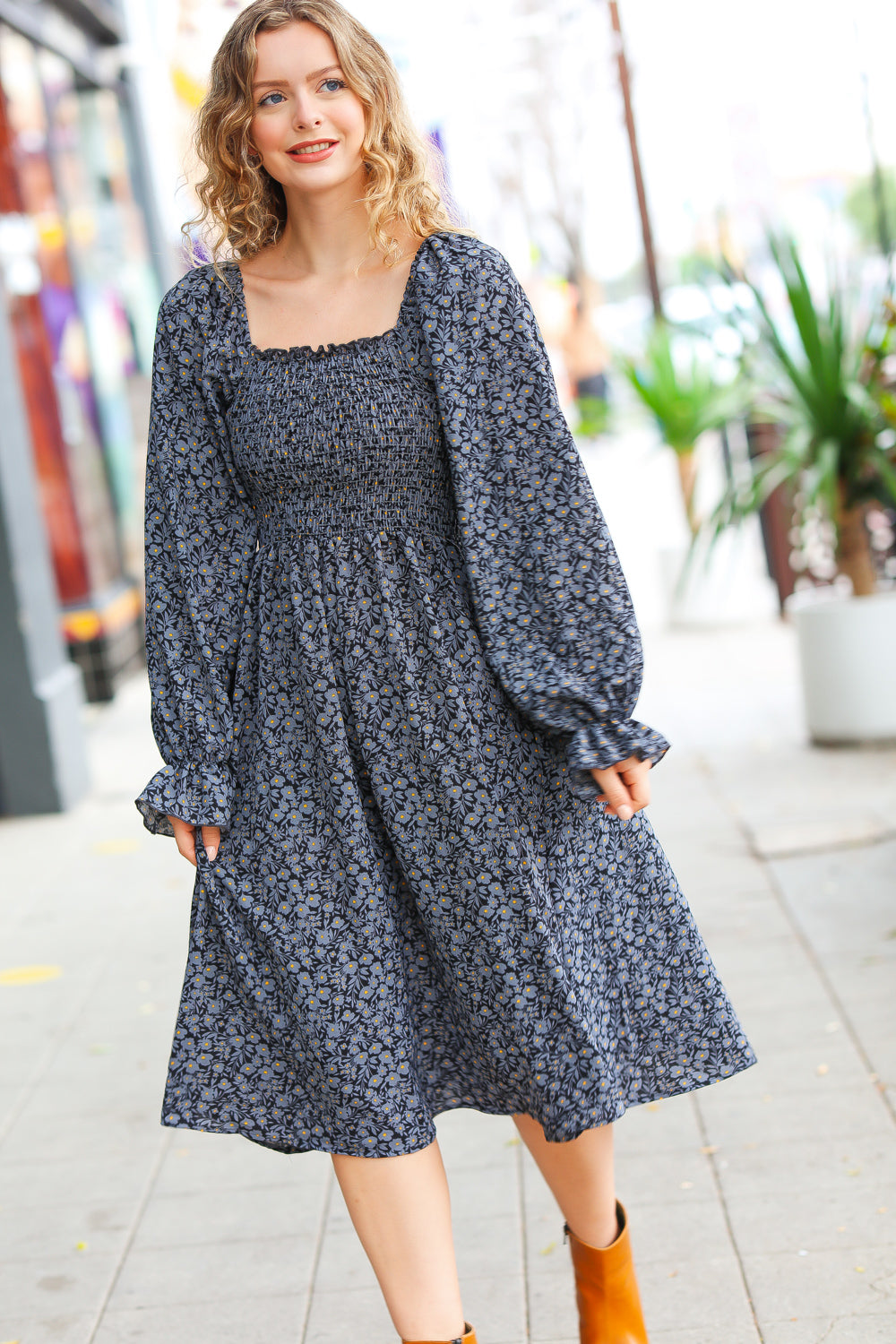 Keep You Close Black Smocking Ditsy Floral Woven Dress