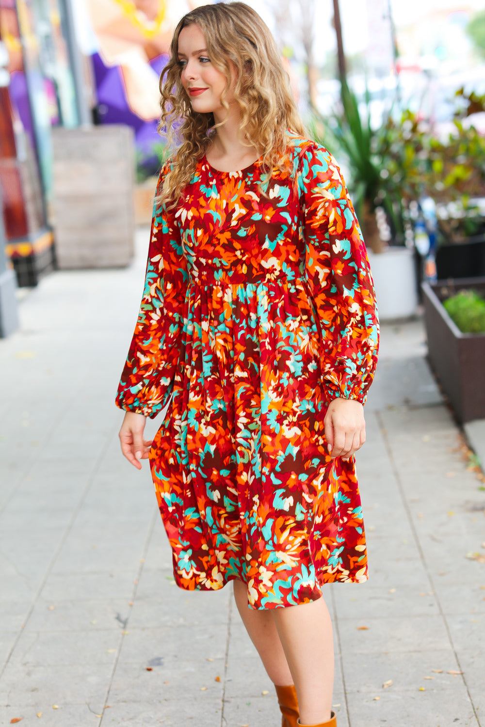 Date Night Ready Burgundy Rust/Jade Floral Print Midi Dress