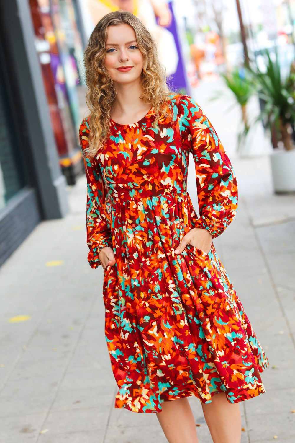 Date Night Ready Burgundy Rust/Jade Floral Print Midi Dress