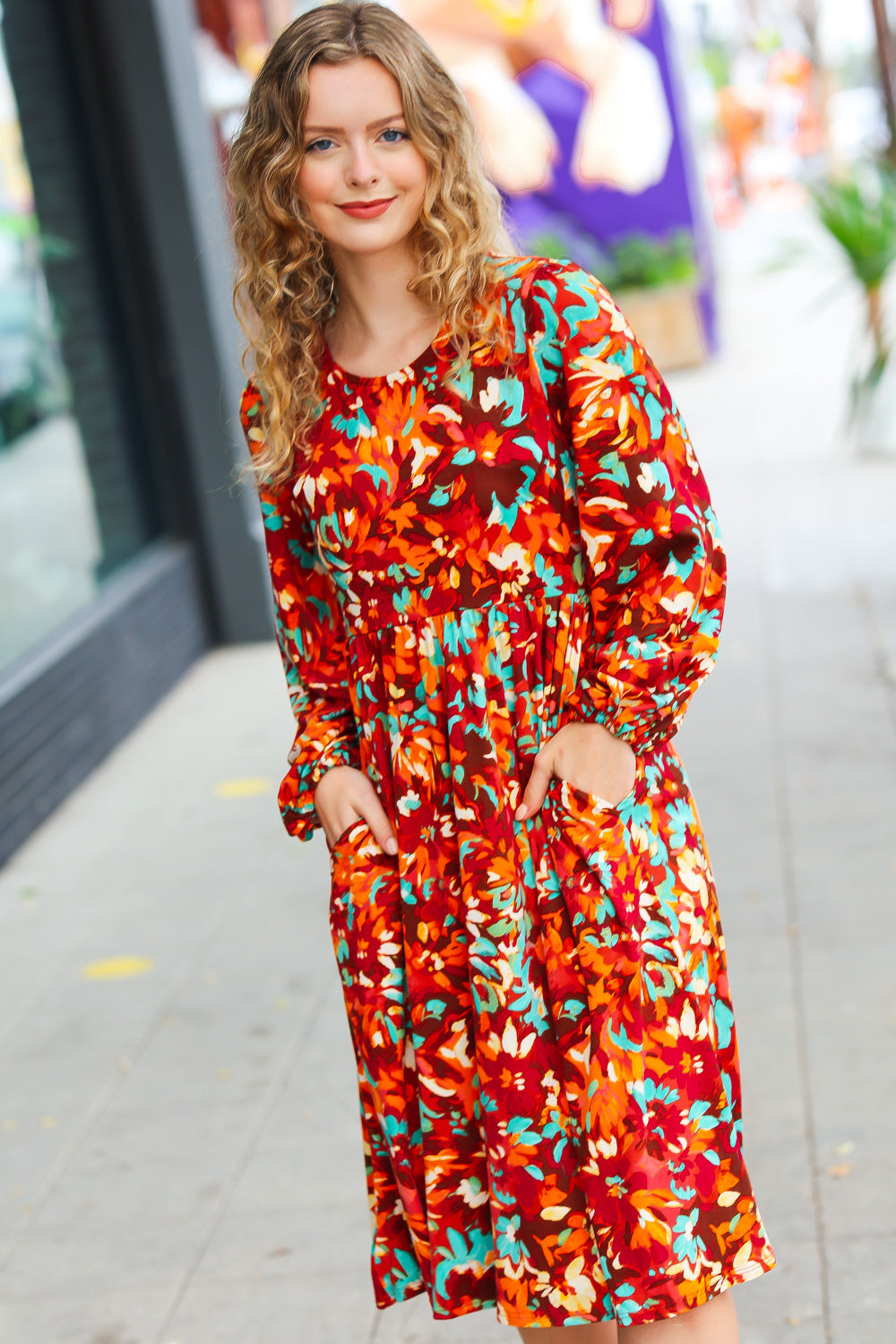 Date Night Ready Burgundy Rust/Jade Floral Print Midi Dress