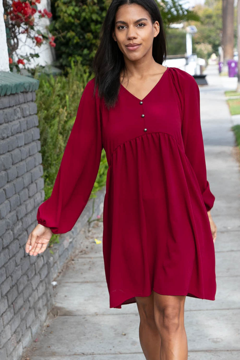 Wine Crepe V Neck Raglan Babydoll Dress