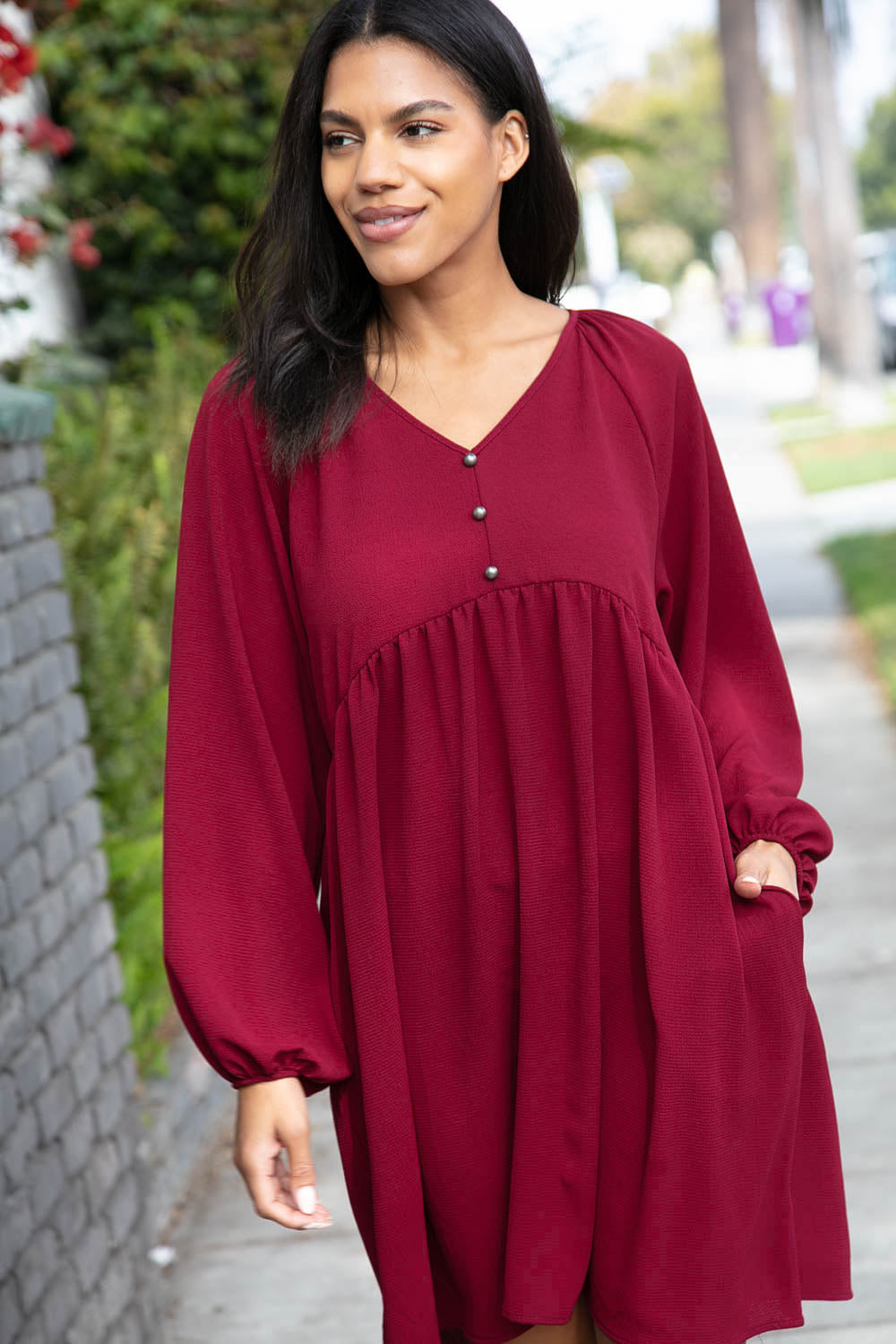 Wine Crepe V Neck Raglan Babydoll Dress