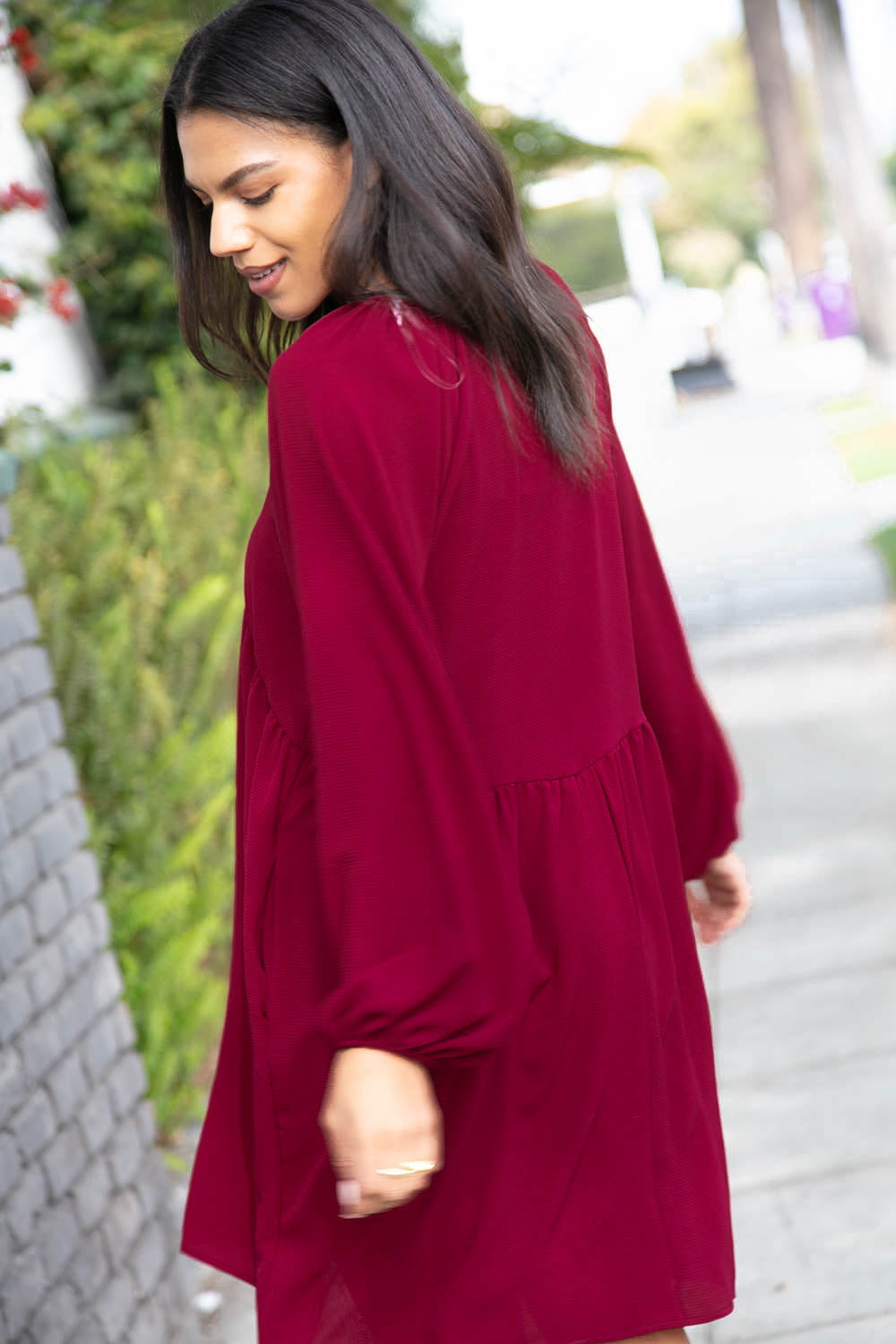 Wine Crepe V Neck Raglan Babydoll Dress