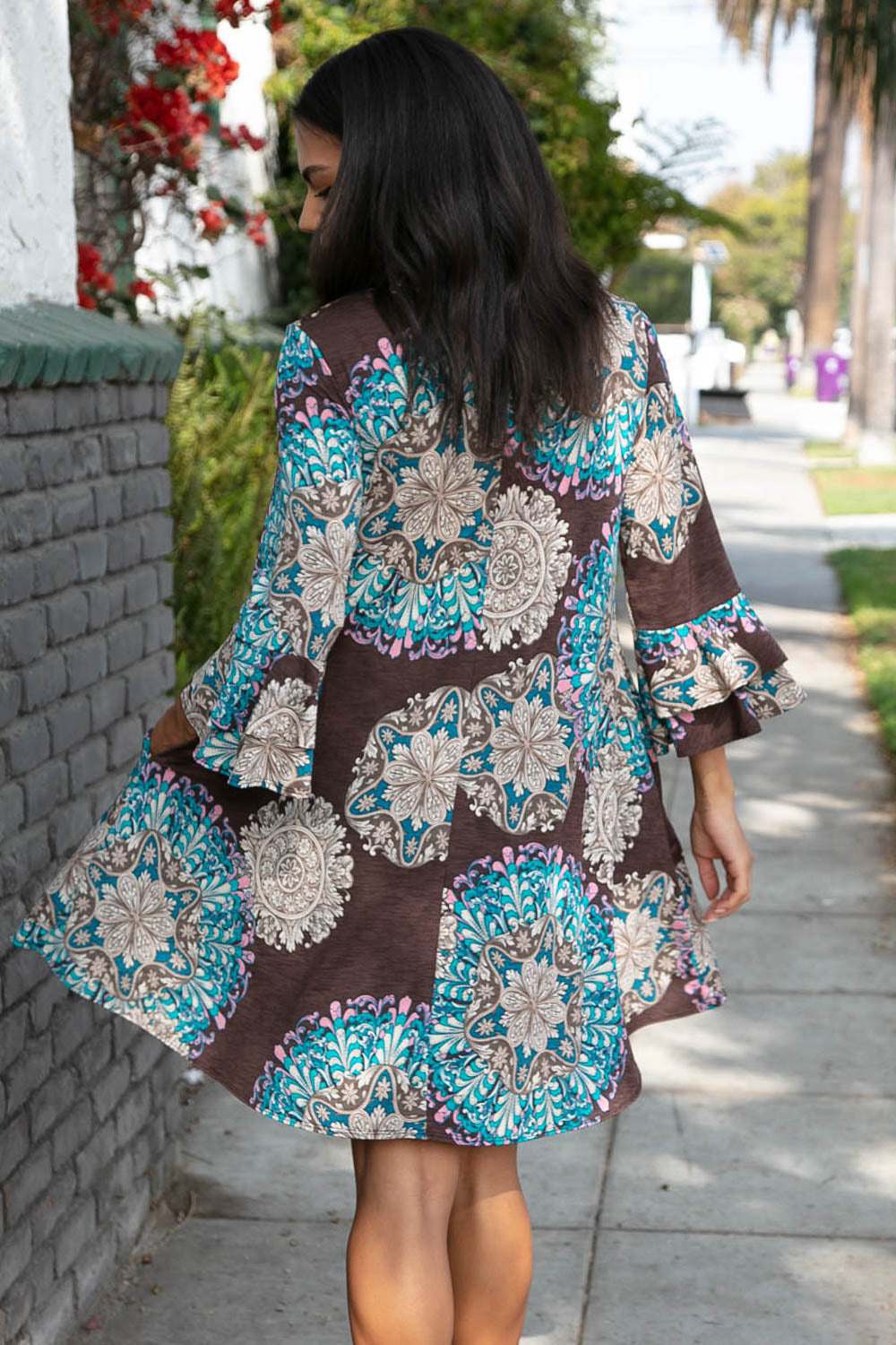 Geo Paisley Print Ruffle Sleeve Pocketed Dress