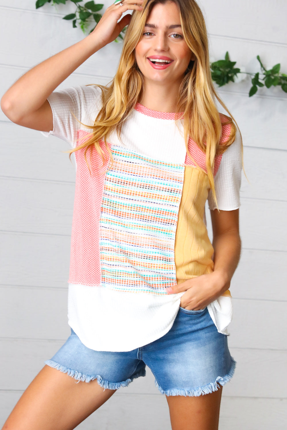 Coral Color Block Patchwork Out Seam Top