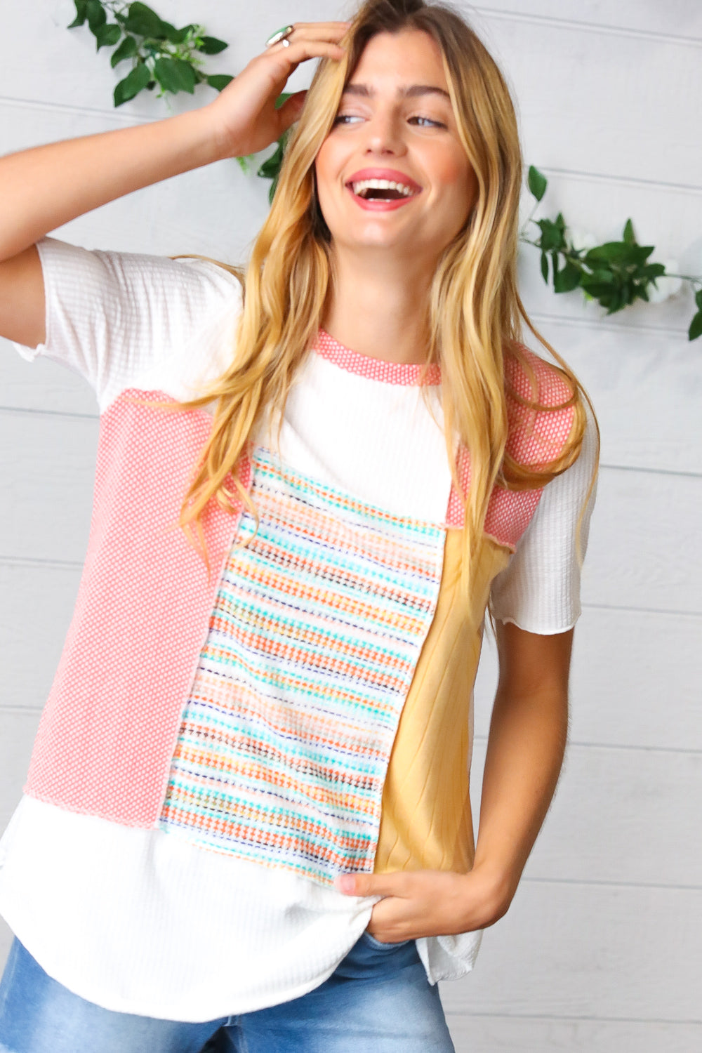 Coral Color Block Patchwork Out Seam Top