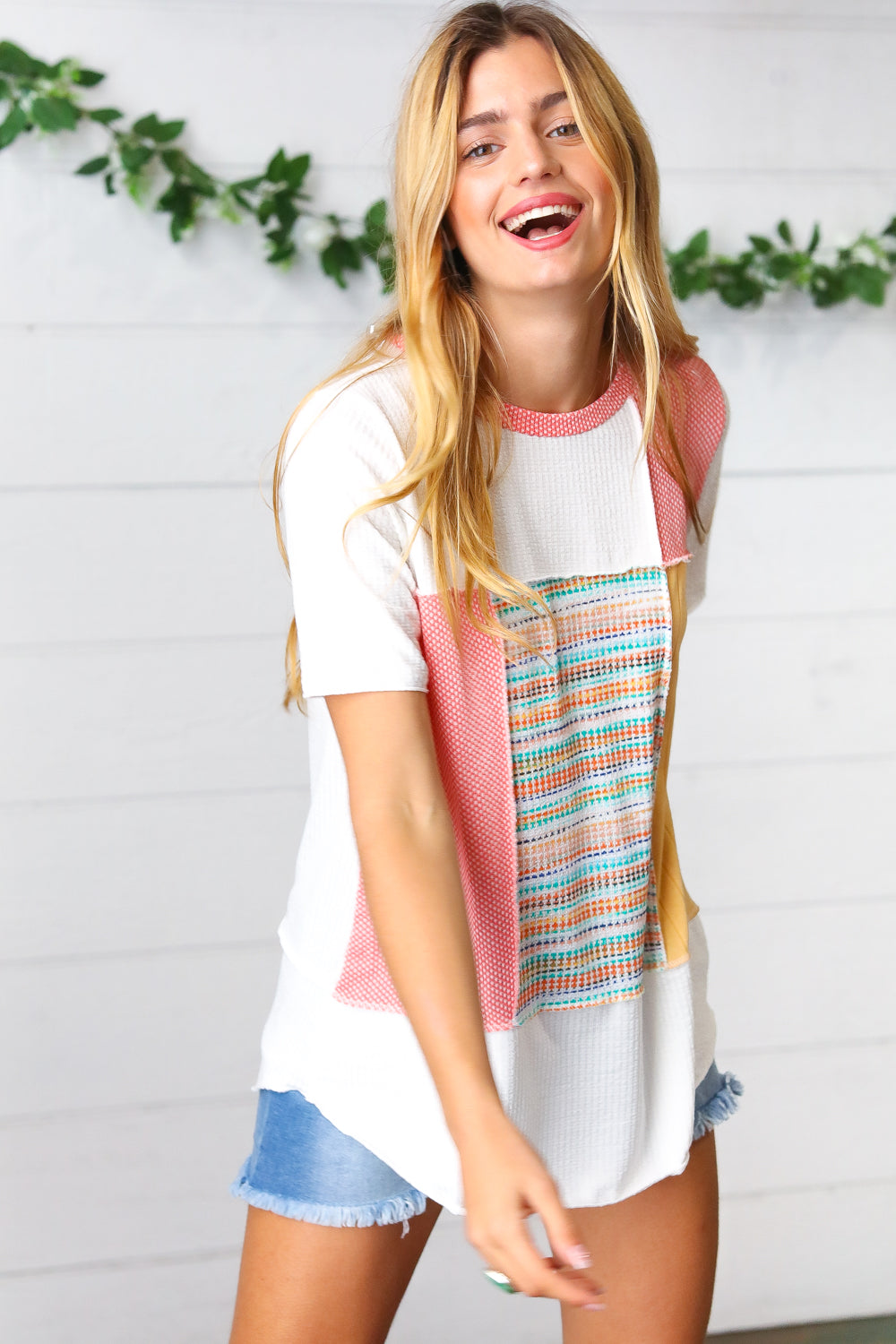 Coral Color Block Patchwork Out Seam Top