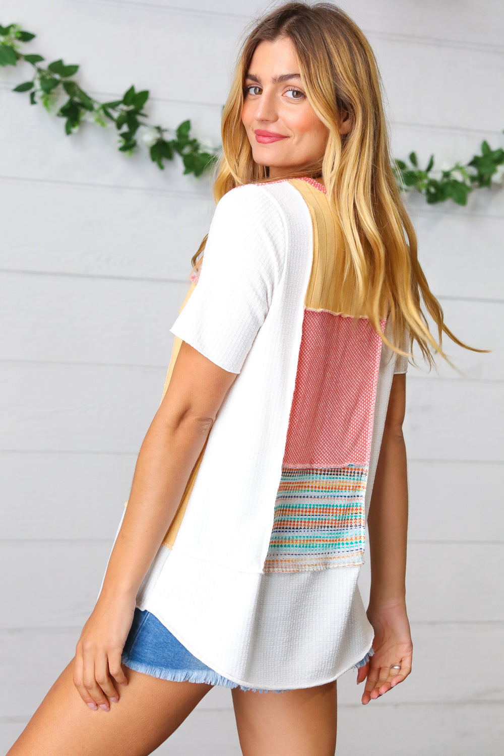 Coral Color Block Patchwork Out Seam Top