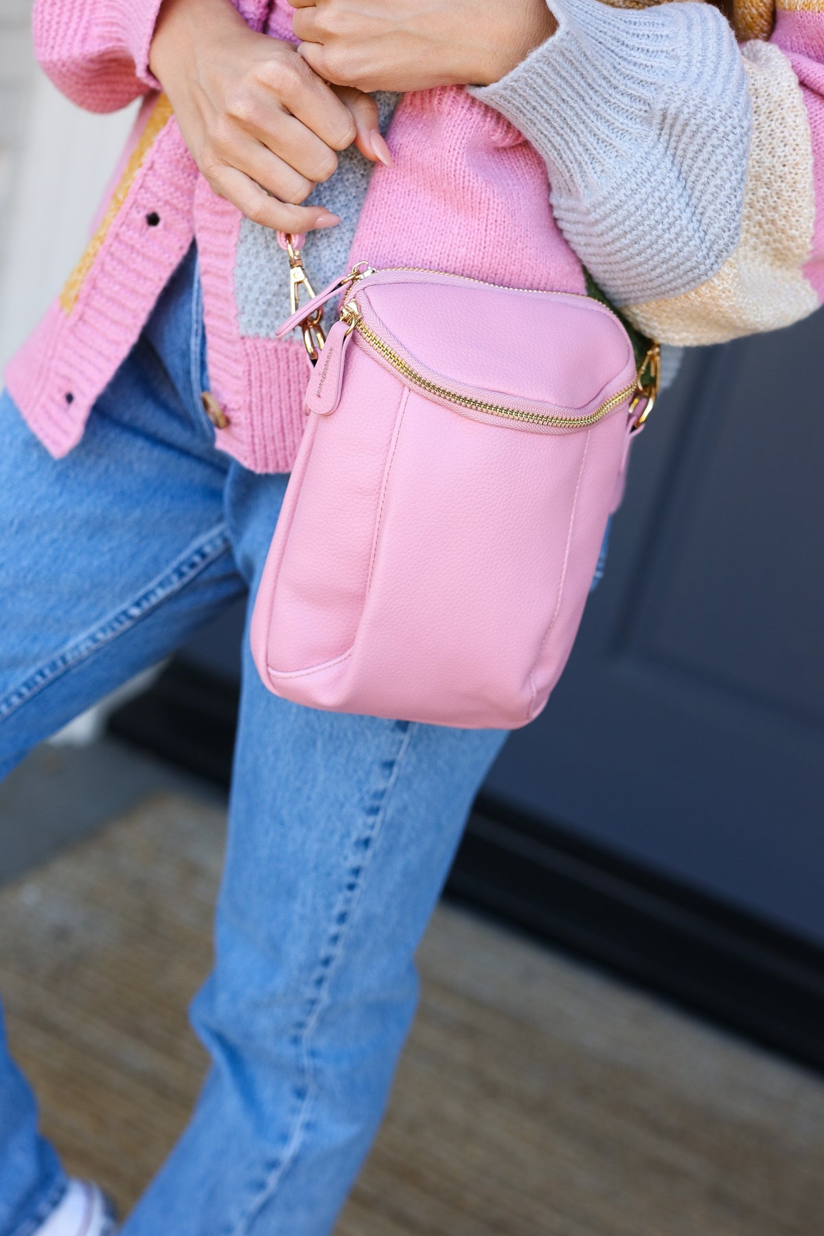 Pink Vegan Leather Two Pocket Mini Cross Body