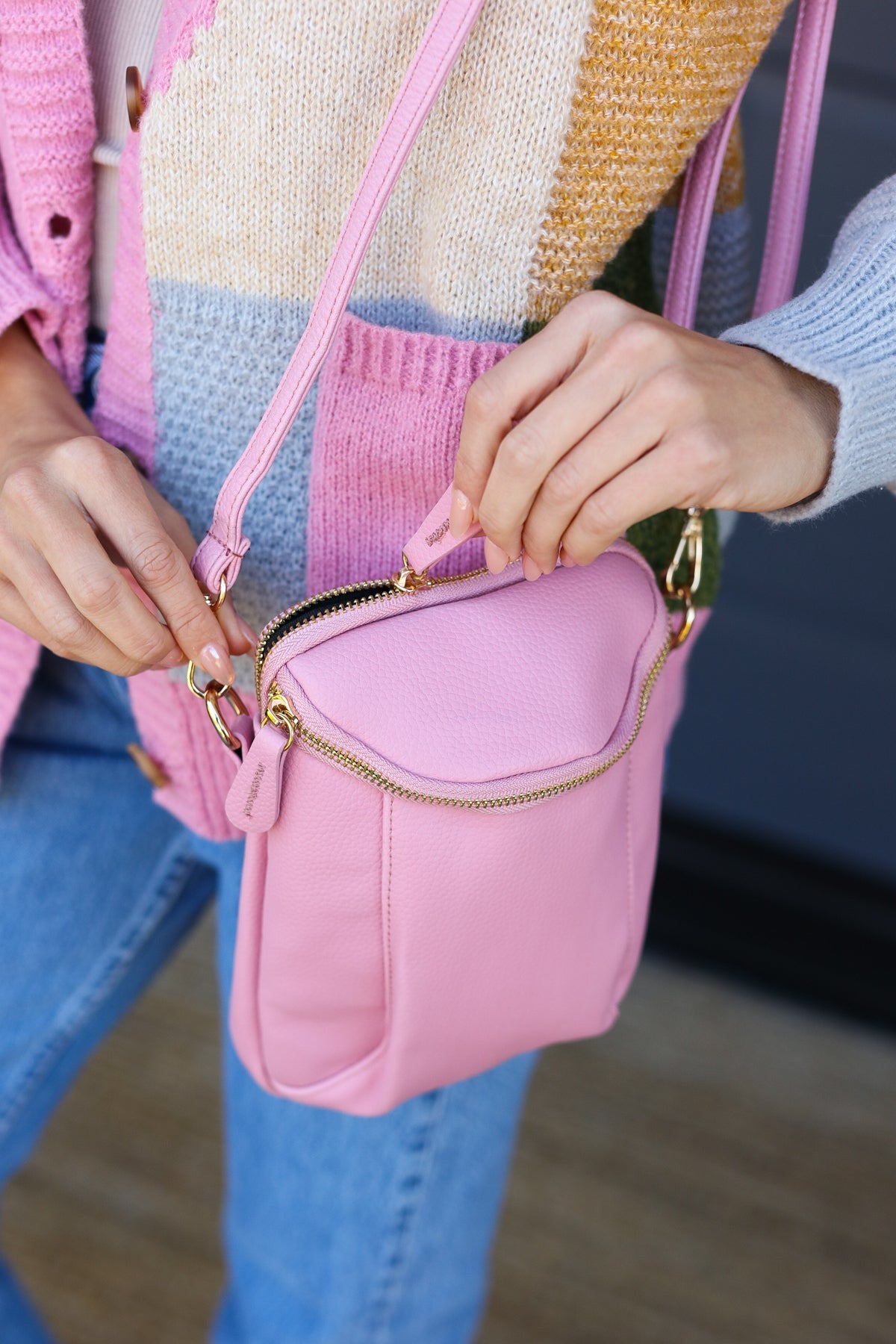 Pink Vegan Leather Two Pocket Mini Cross Body