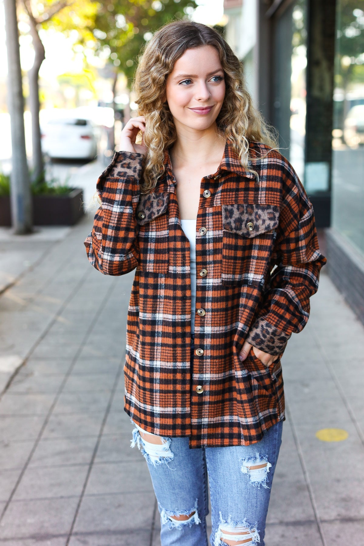 Put Together Rust Plaid & Animal Print Button Down Jacket