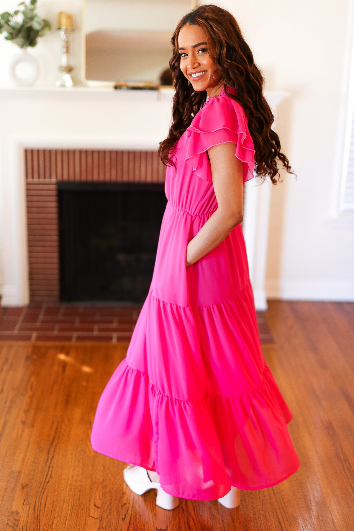 Perfectly You Hot Pink Mock Neck Tiered Chiffon Maxi Dress