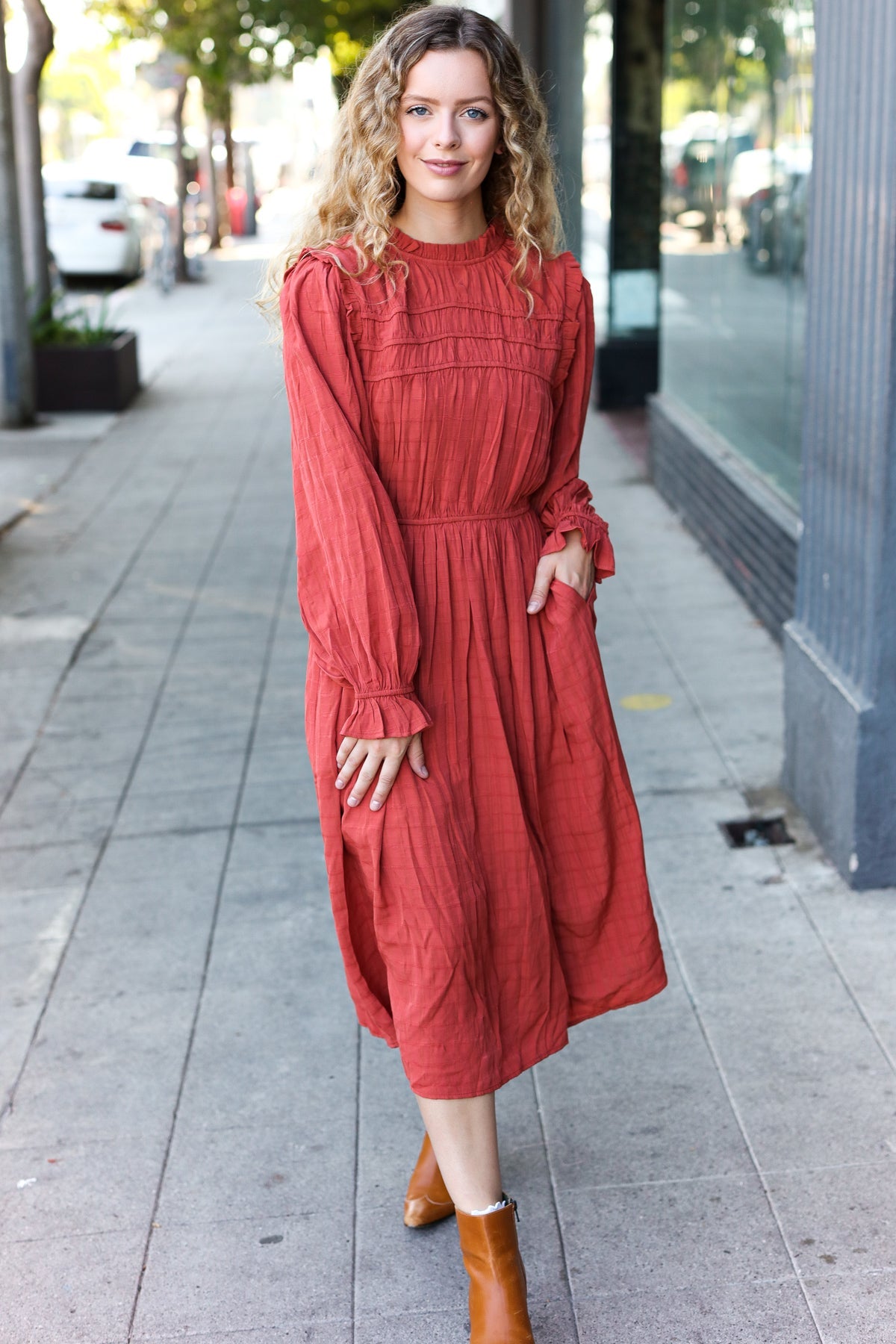 Love Found Rust Mock Neck Embossed Lined Dress