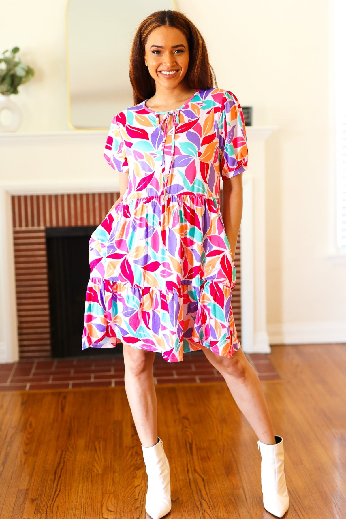 Feel Your Best Multicolor Floral Tiered Front Tie Pocketed Dress