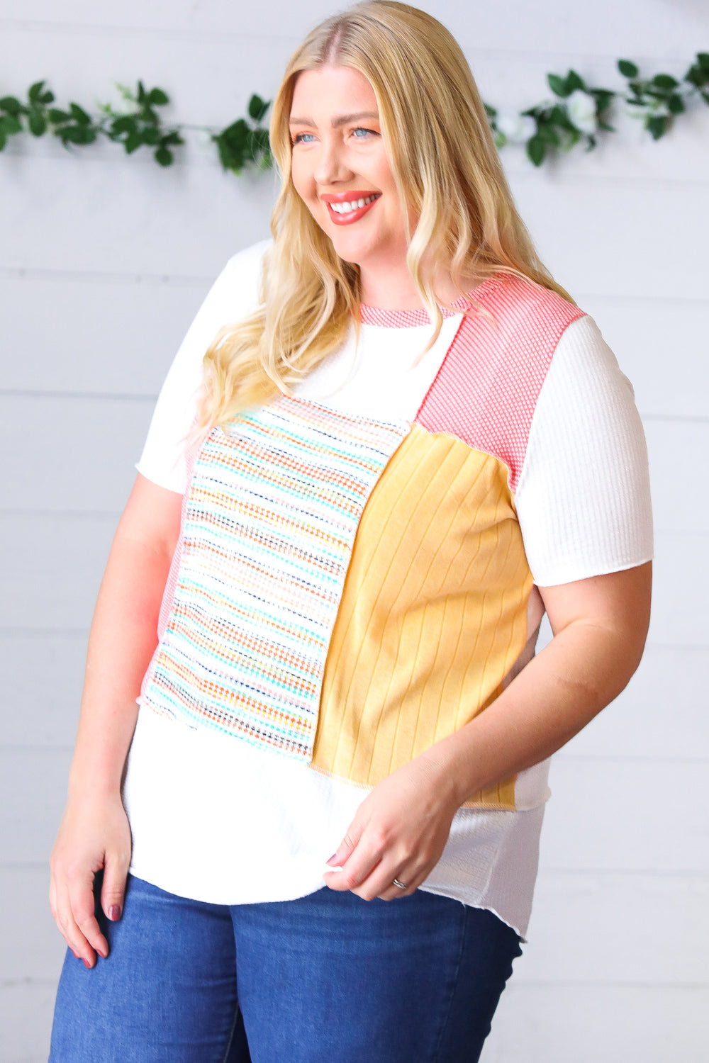 Coral Color Block Patchwork Out Seam Top