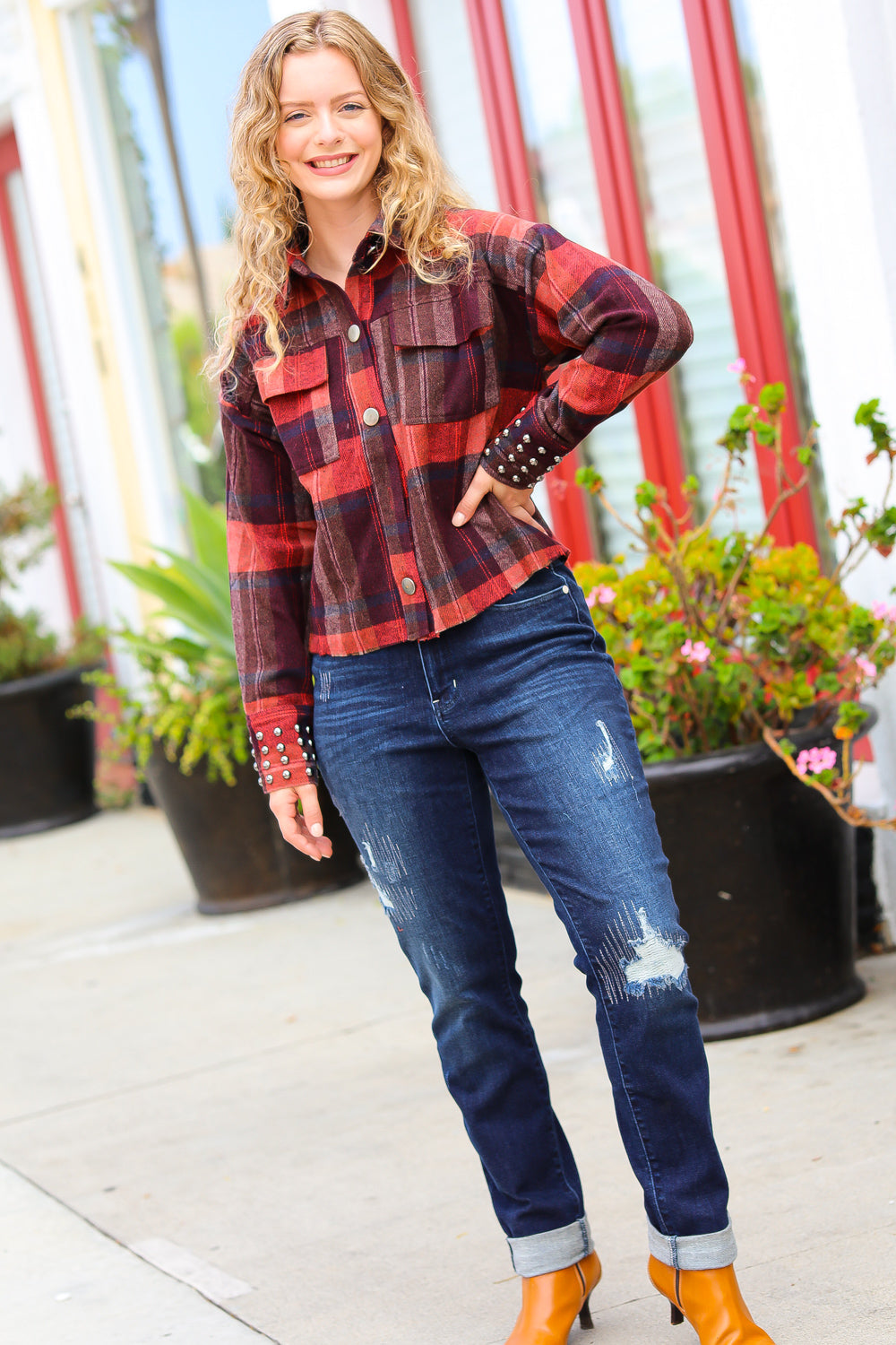 City Streets Burgundy & Rust Plaid Studded Cropped Jacket