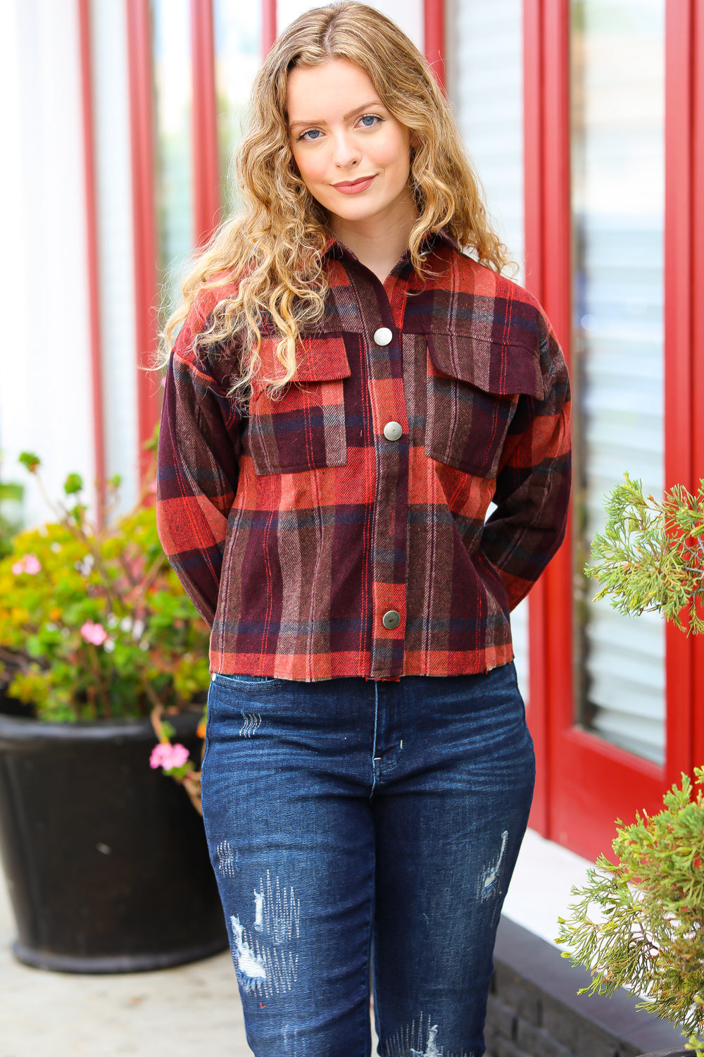 City Streets Burgundy & Rust Plaid Studded Cropped Jacket