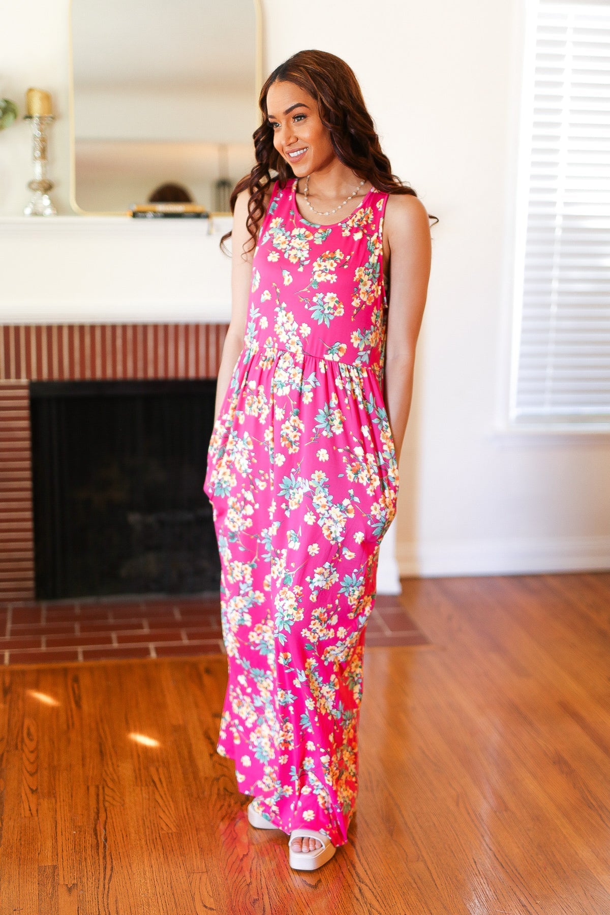 Pink Floral Print Fit and Flare Sleeveless Maxi Dress