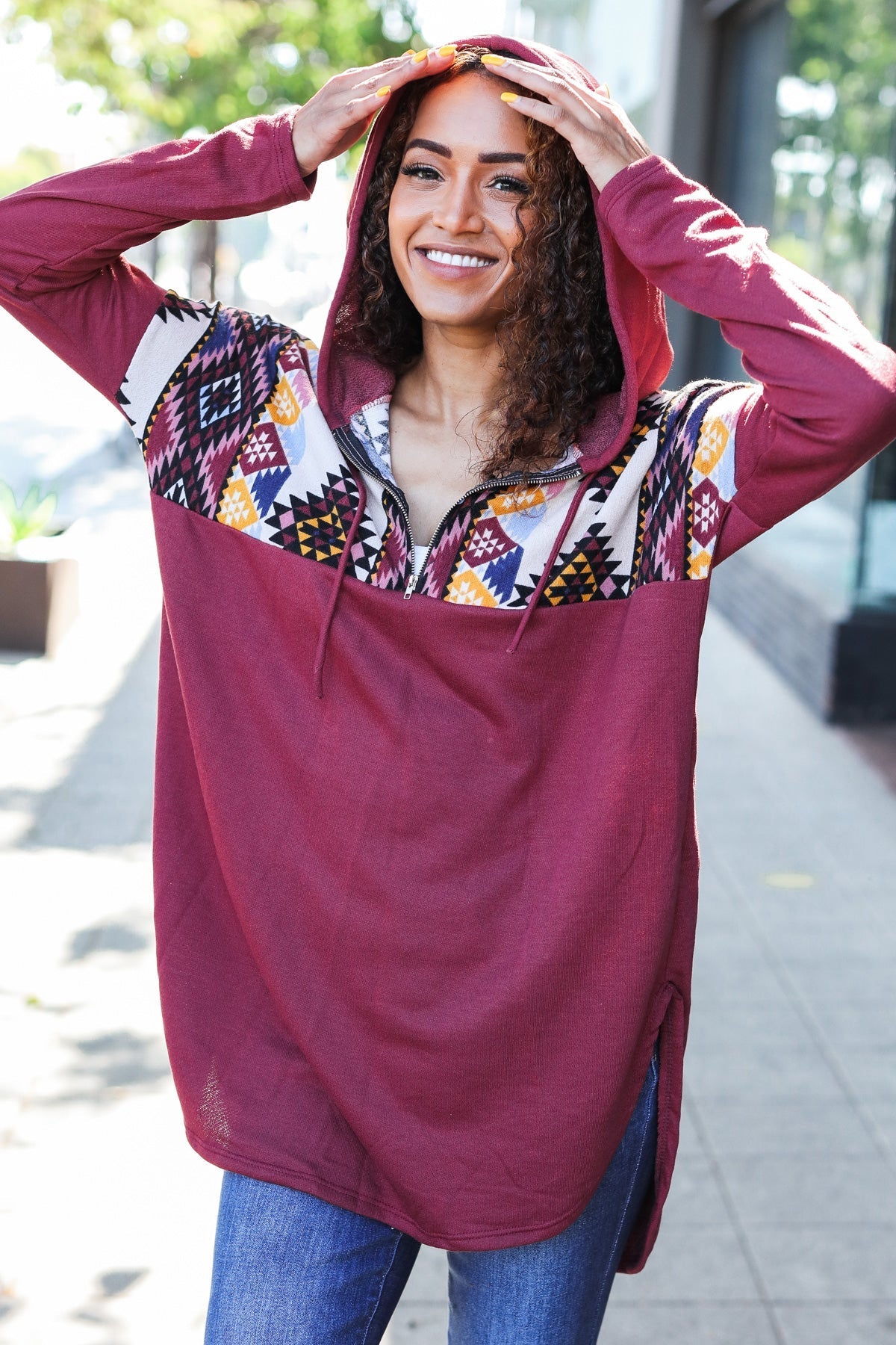 Stand Out Burgundy Tribal Print Half Zip Longline Hoodie