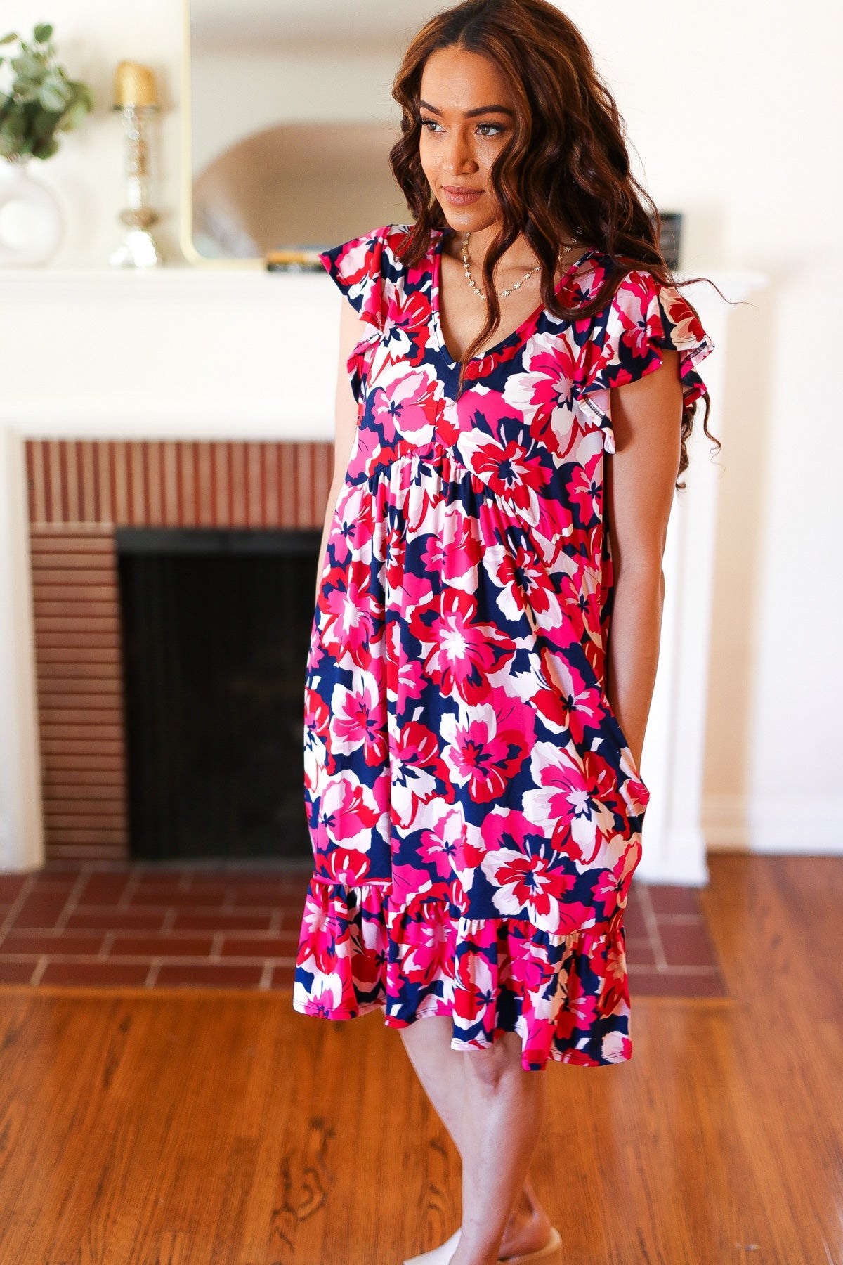 Pink & Navy Floral Babydoll Flutter Sleeve Midi Dress