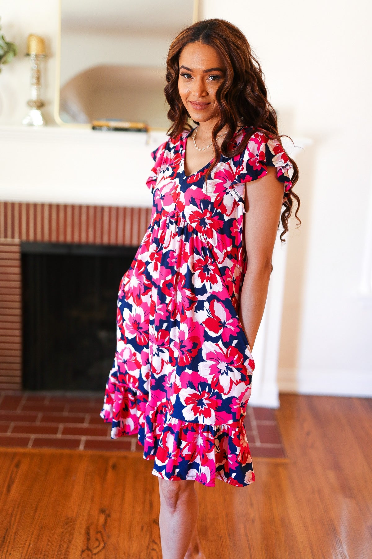 Pink & Navy Floral Babydoll Flutter Sleeve Midi Dress