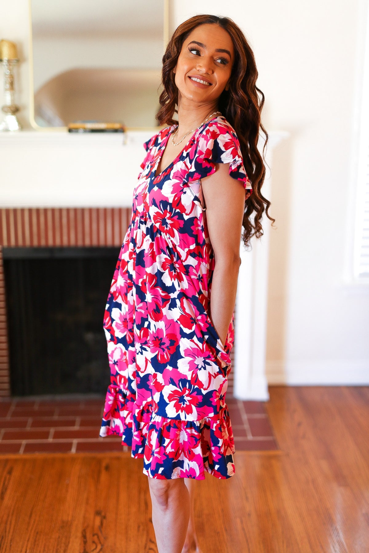 Pink & Navy Floral Babydoll Flutter Sleeve Midi Dress