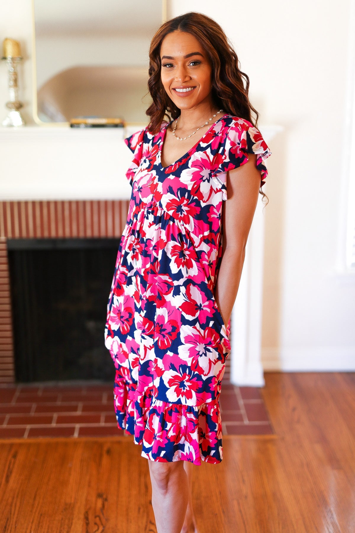 Pink & Navy Floral Babydoll Flutter Sleeve Midi Dress