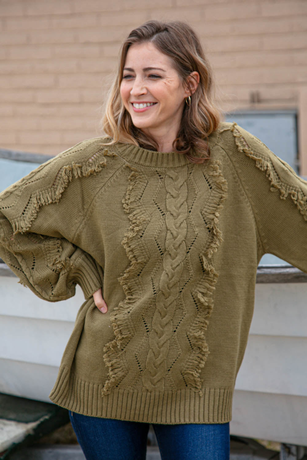 Olive Cable and Fringe Tassel Braided Sweater