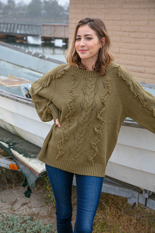 Olive Cable and Fringe Tassel Braided Sweater