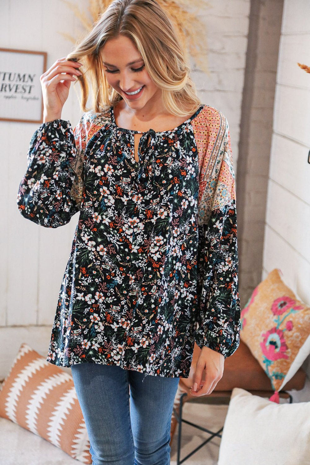 Boho Floral Ethnic Print Front Tie Woven Blouse