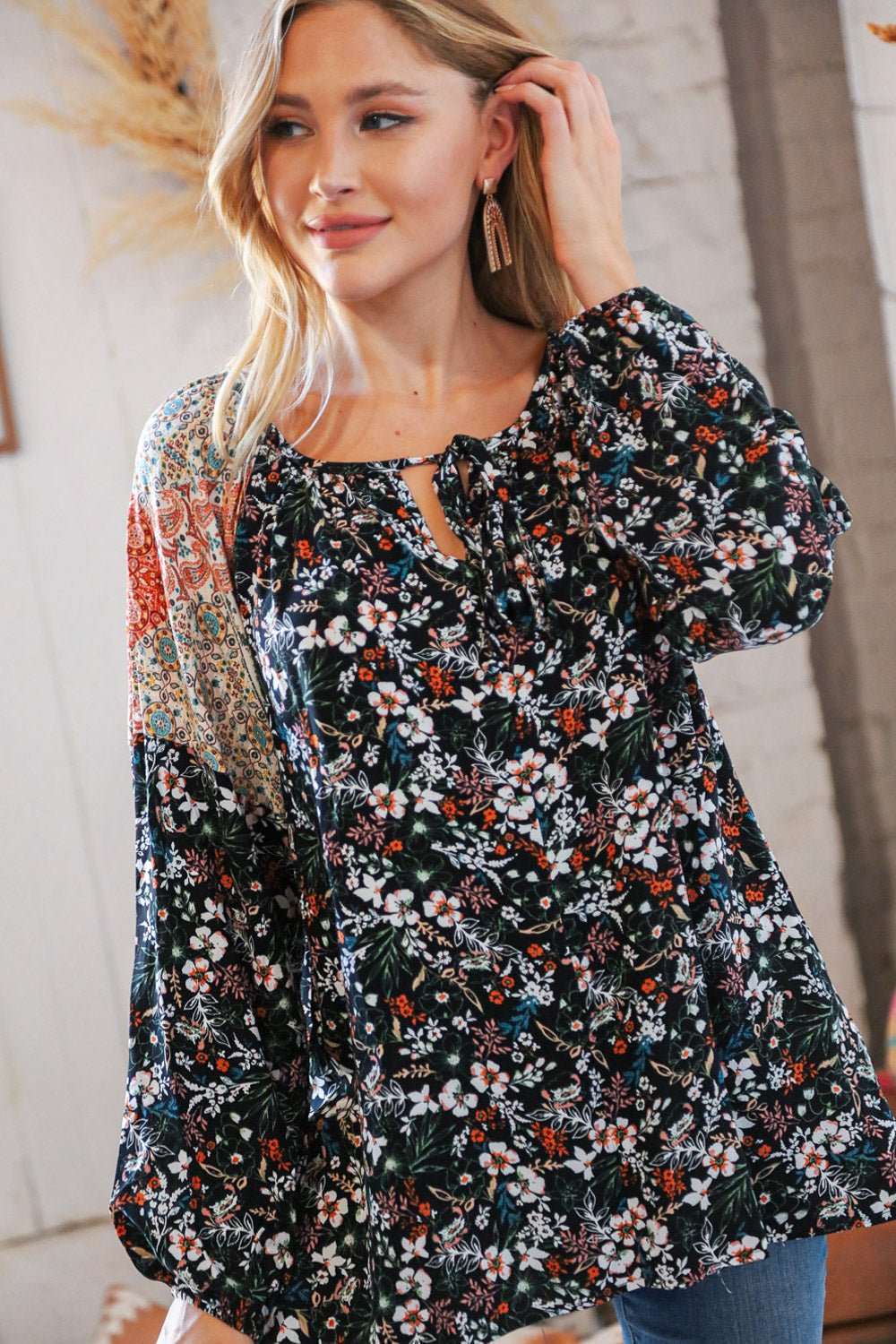 Boho Floral Ethnic Print Front Tie Woven Blouse