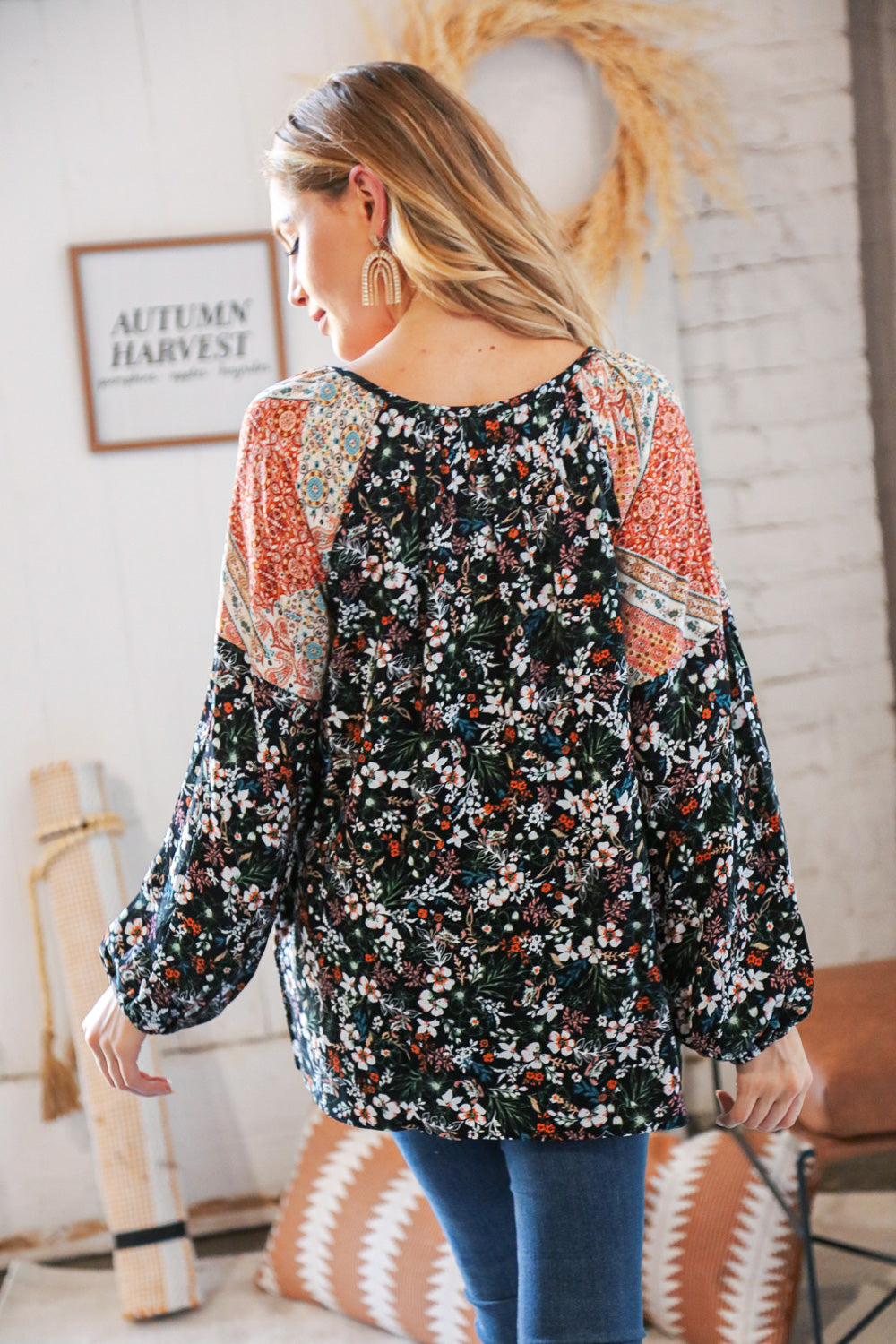 Boho Floral Ethnic Print Front Tie Woven Blouse