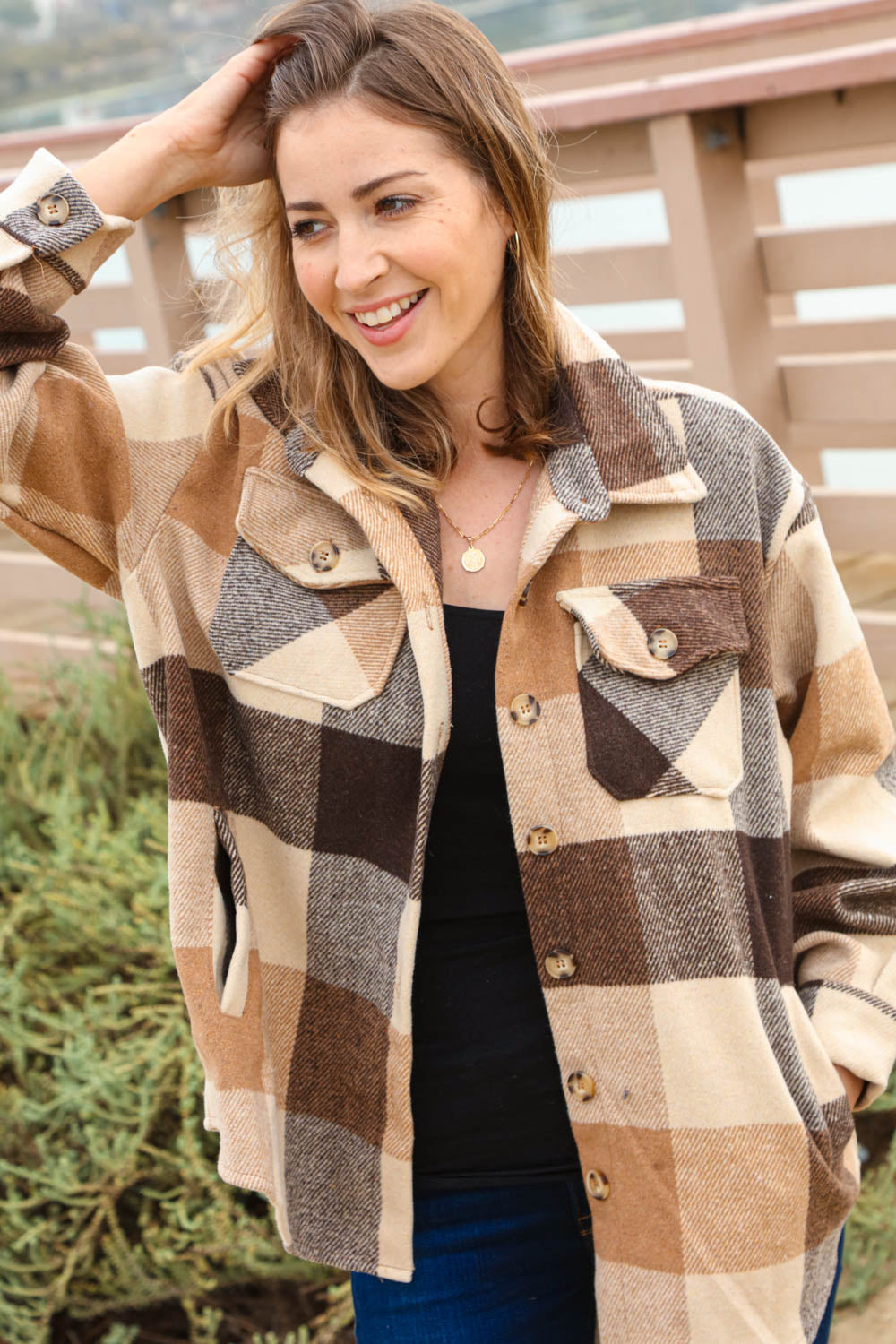 Brown & Black Plaid Jacket with Side Pockets