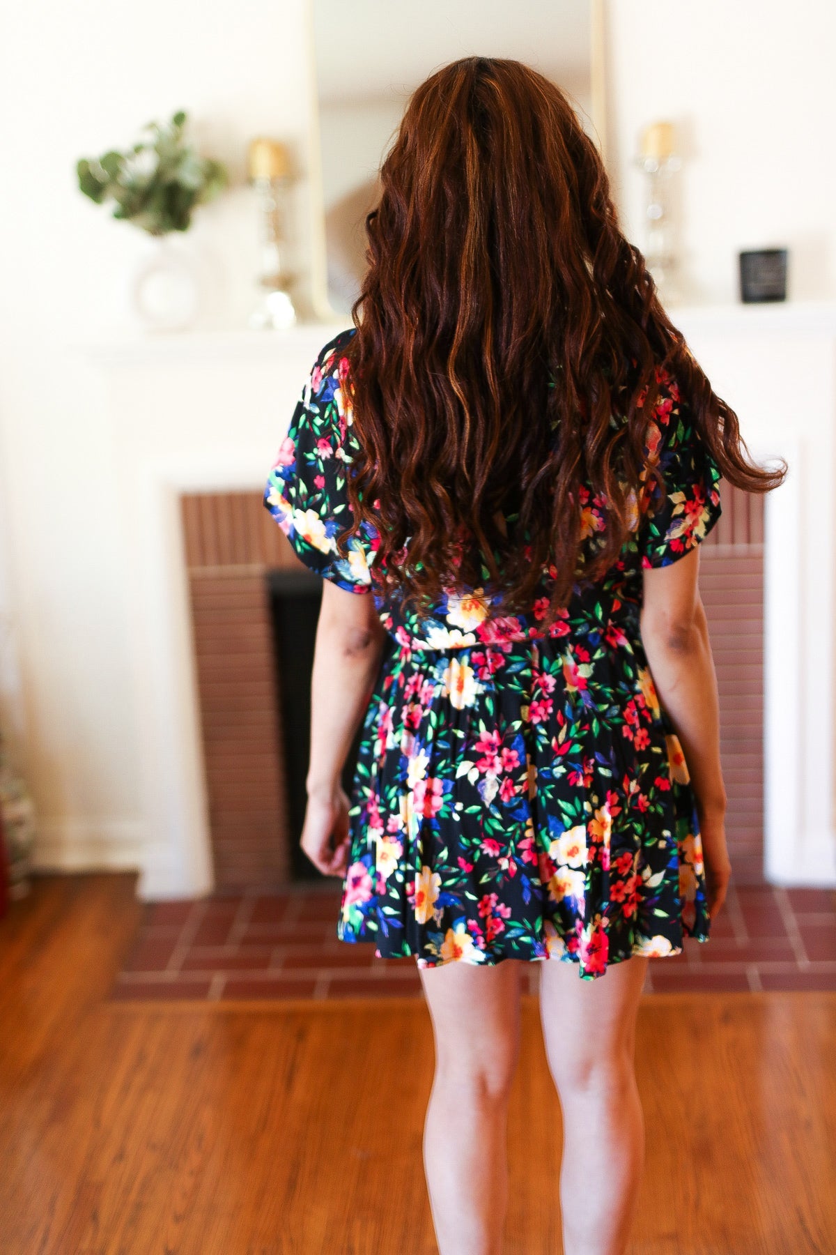 Multicolor Floral Surplice Short Sleeve Pocketed Romper