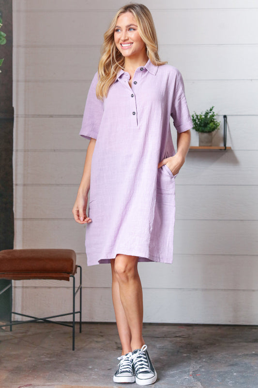 Dusty Lavender Cotton Placard Yoke Midi Dress