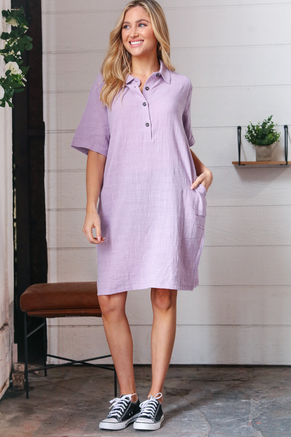 Dusty Lavender Cotton Placard Yoke Midi Dress