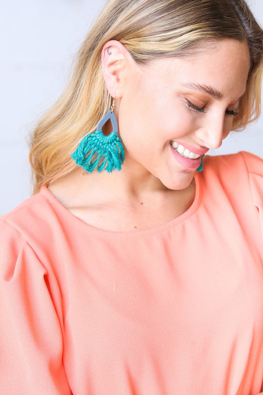 Teal Boho Fringe Tassel Hoop Earrings