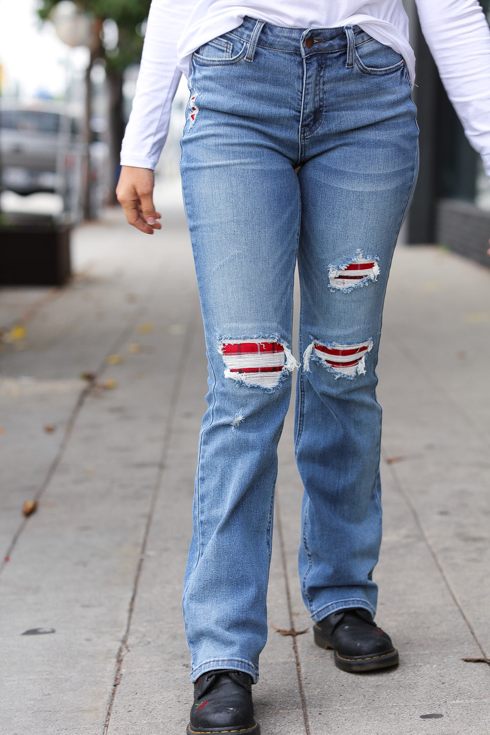 Holiday Medium Blue Slim Boot Fit High-Rise Plaid Stitched Jeans