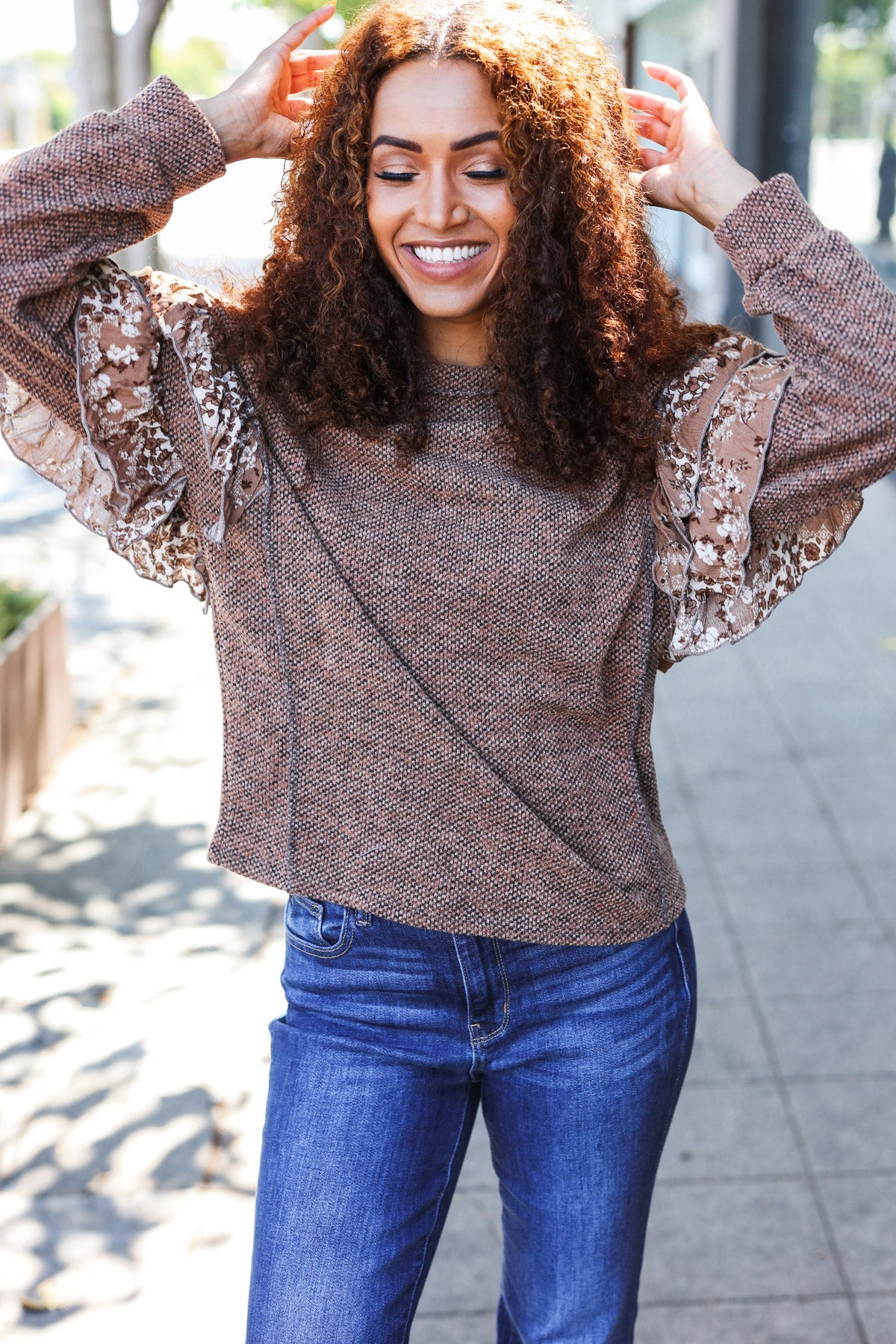 Fall Diva Brown Two Tone Knit Floral Print Frill Detail Sweater