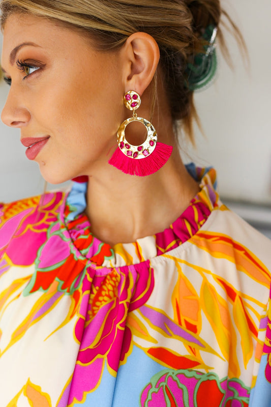 Magenta Rhinestone Tassel Gold Drop Earrings