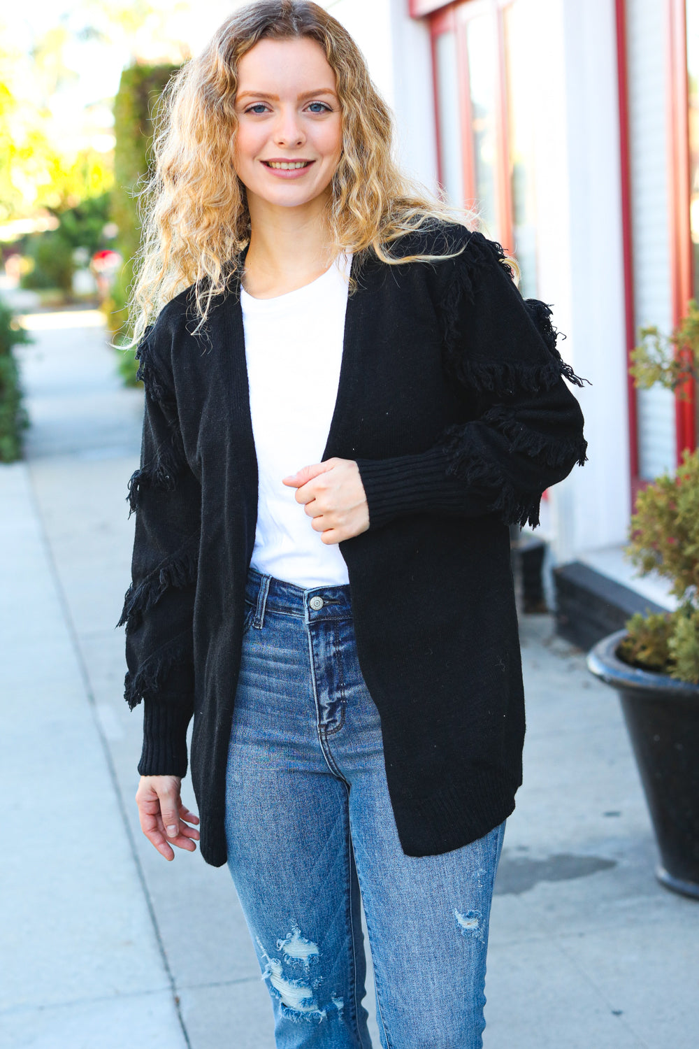 Make Your Day Black Fringe Detail Open Cardigan