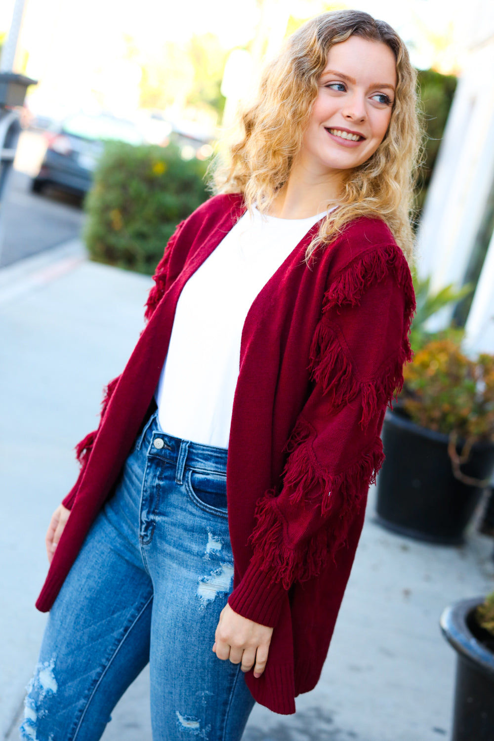 Make Your Day Burgundy Fringe Detail Open Cardigan