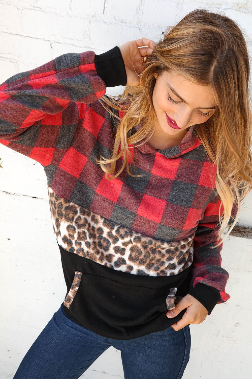 Plaid & Leopard Print Color Block Hoodie