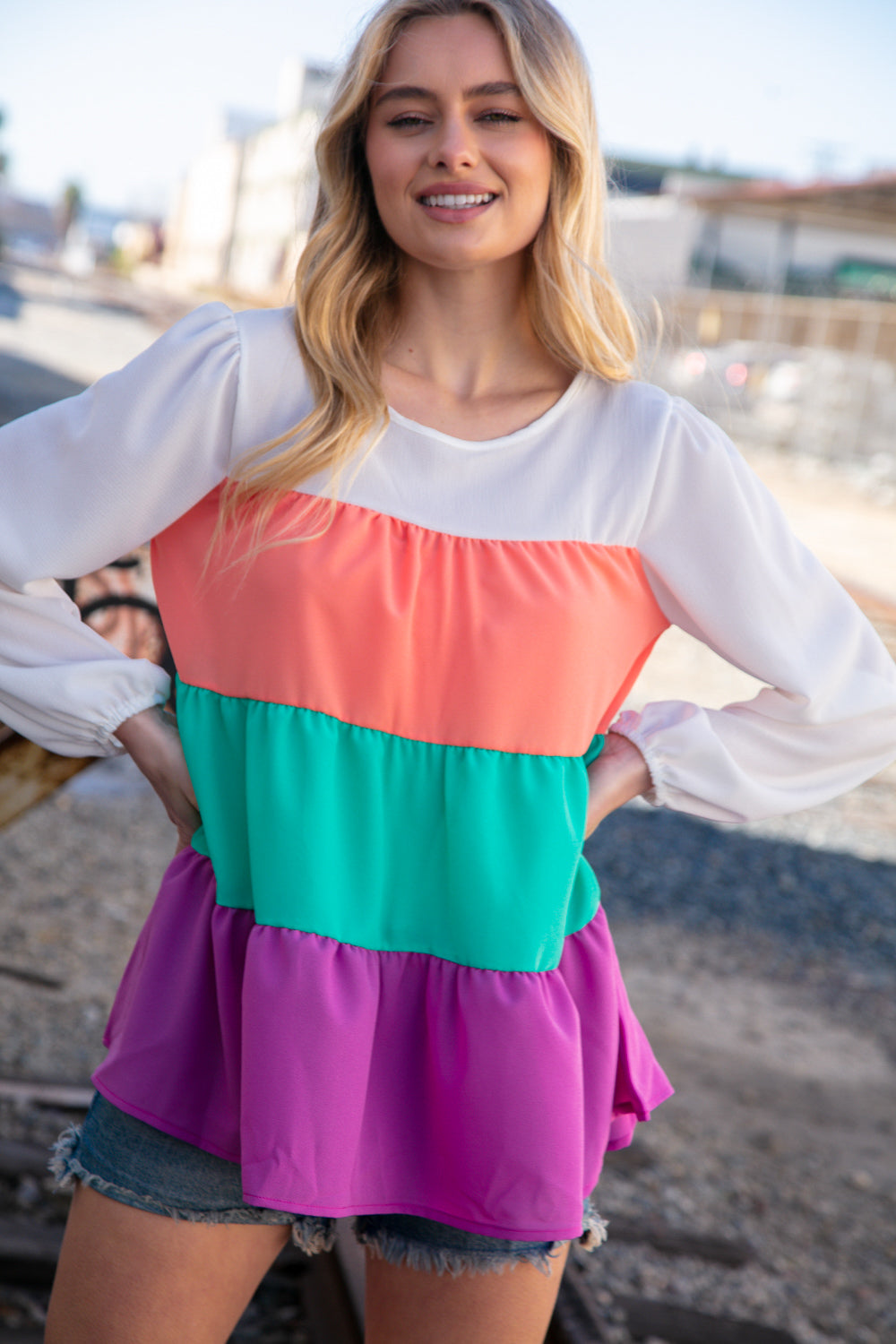 Ivory & Peach Woven Crepe Tiered Blouse