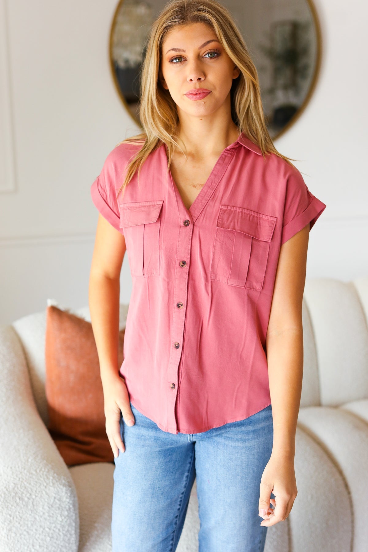 Live For Today Rose V Neck Collared Button Up Tencel Top