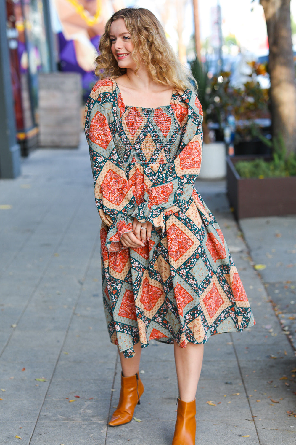 Join Me Later Rust/Teal Boho Smocked Woven Midi Dress