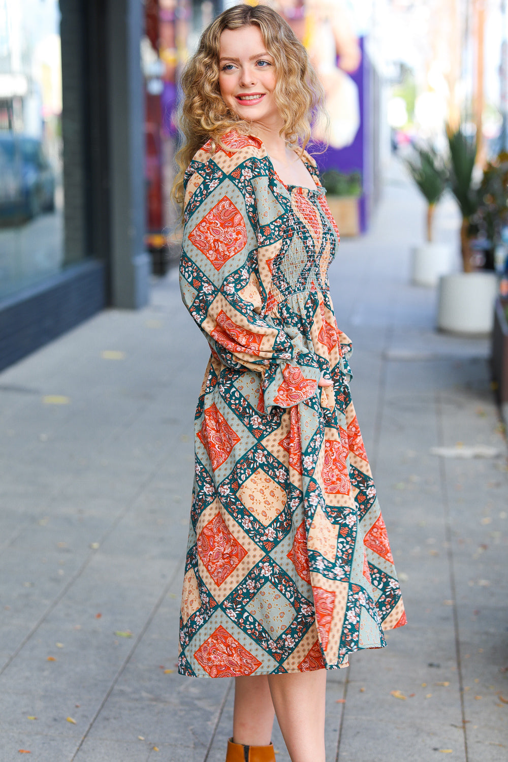 Join Me Later Rust/Teal Boho Smocked Woven Midi Dress