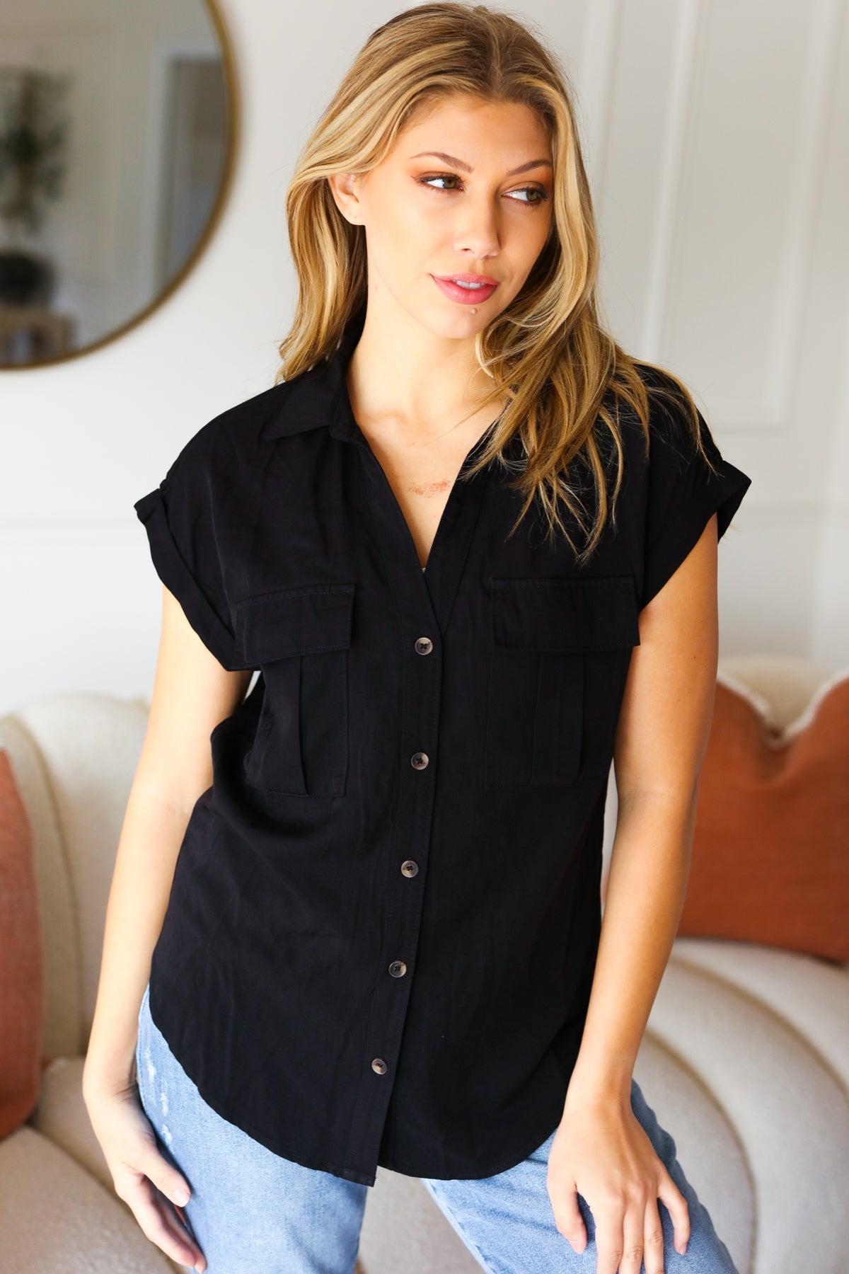 Live For Today Black V Neck Collared Button Up Tencel Top