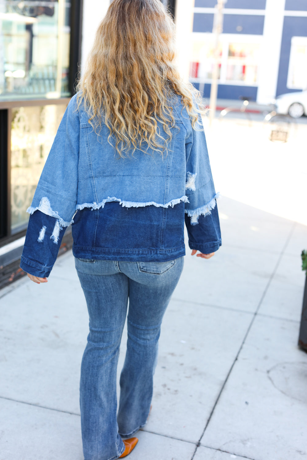 Easy Moves Blue Color Block Distressed Denim Jacket