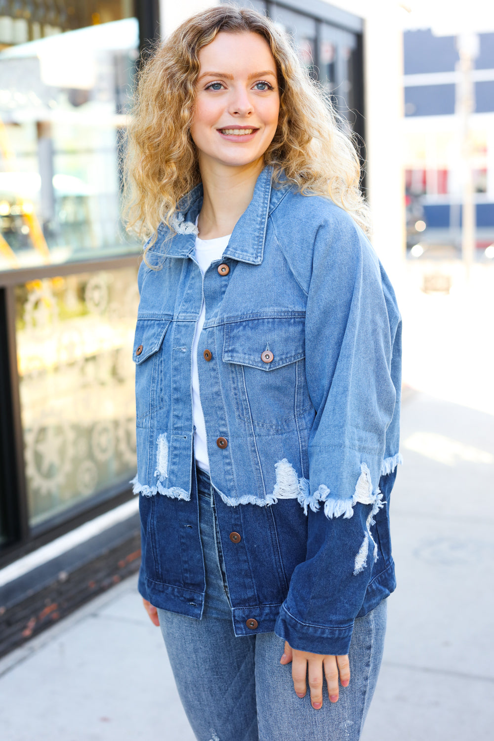 Easy Moves Blue Color Block Distressed Denim Jacket